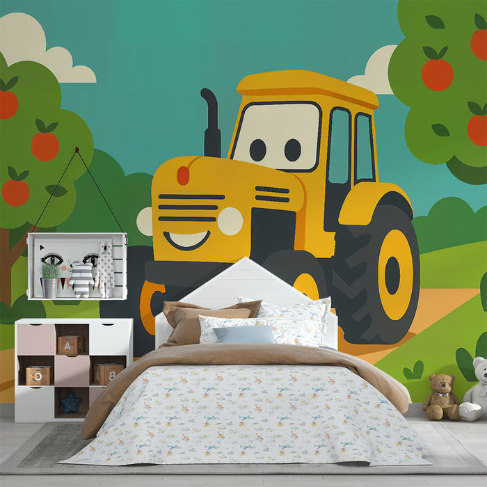 Kinderkamer behang | Vrolijke tractor en fruitige boomgaard scheiden