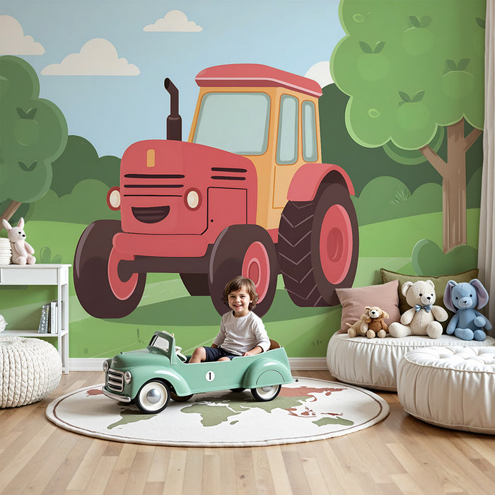 Kinderkamer behang | Vrolijke tractor in het bos