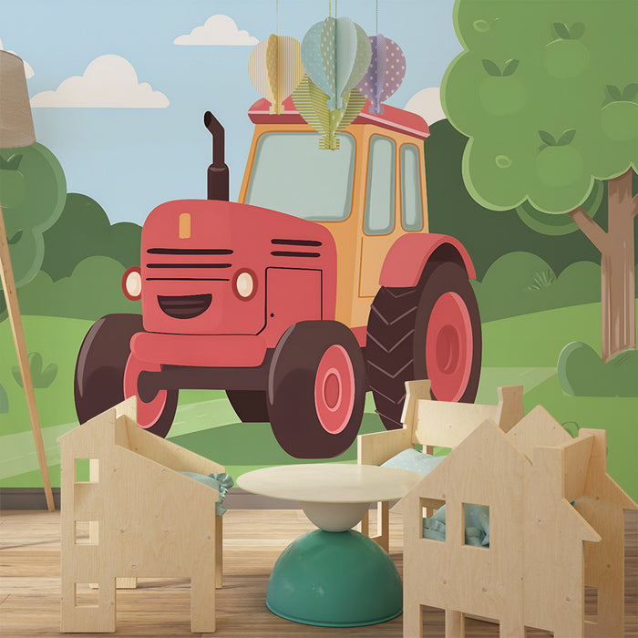Kinderkamer behang | Vrolijke tractor in het bos