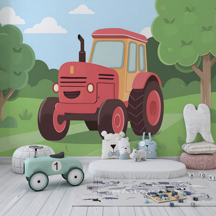 Kinderkamer behang | Vrolijke tractor in het bos