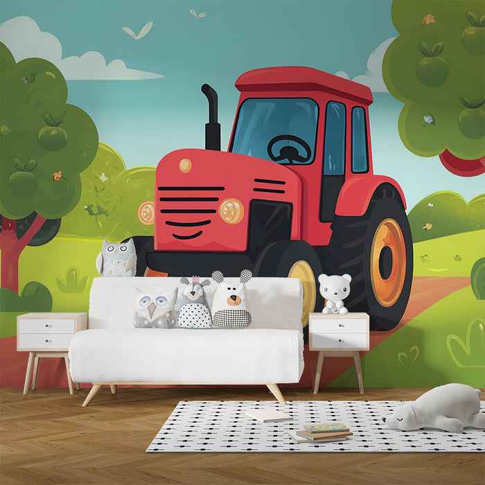 Kids room wallpaper | Red tractor and orchard