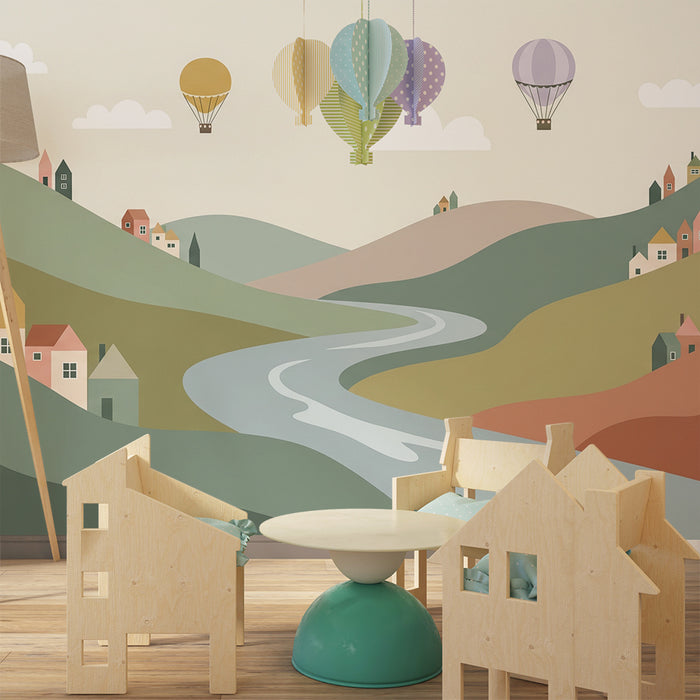 Barntapet | Förtrollande landskap med färgglada hus och luftballonger