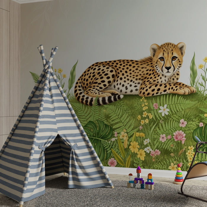Papel de parede criança | Leopardo pacífico e natureza luxuriante