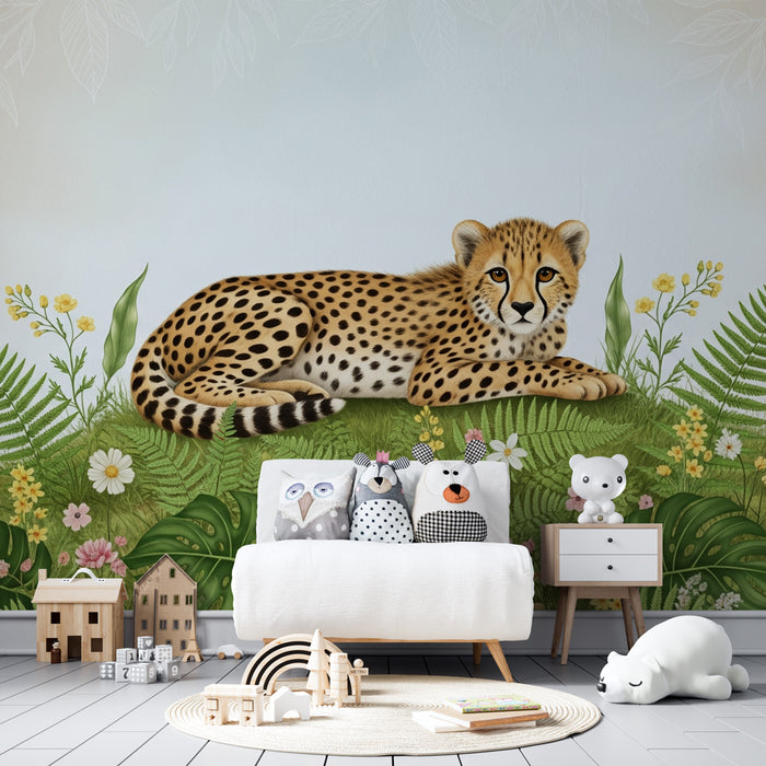 Papel de parede criança | Leopardo pacífico e natureza luxuriante
