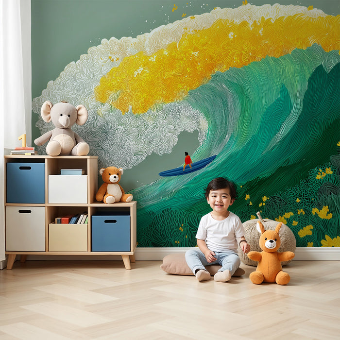 Papel pintado infantil | Surfista y olas coloridas