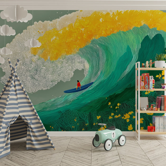Papel pintado infantil | Surfista y olas coloridas
