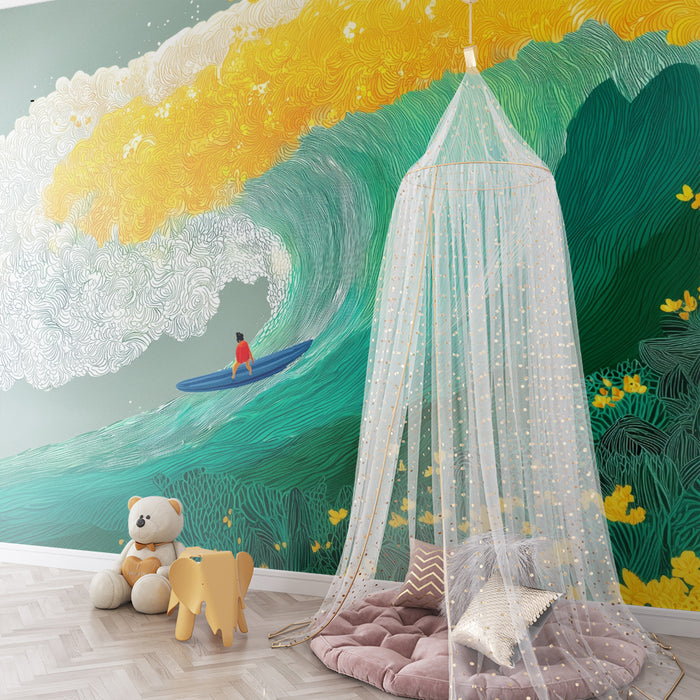 Papel pintado infantil | Surfista y olas coloridas