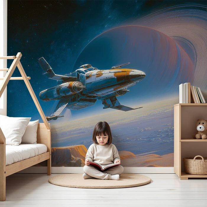 Lastenhuoneen tapetti | Avaruusseikkailu ja renkailla varustettu planeetta