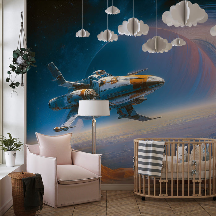 Lastenhuoneen tapetti | Avaruusseikkailu ja renkailla varustettu planeetta