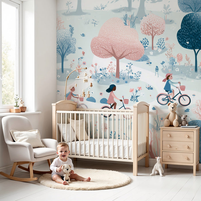 Papier peint enfants vélo | Balade en forêt pastel