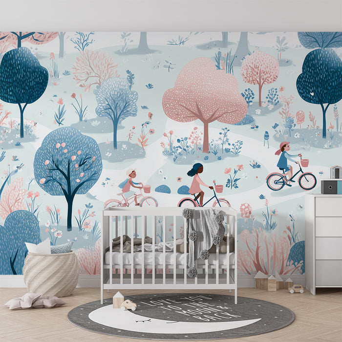 Papier peint enfants vélo | Balade en forêt pastel