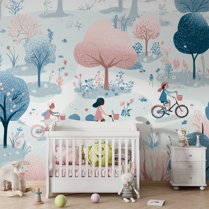 Papier peint enfants vélo | Balade en forêt pastel