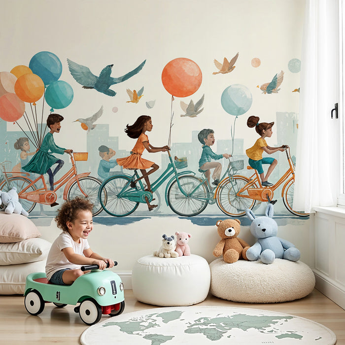 Papier peint balade à vélo | Enfants et ballons colorés