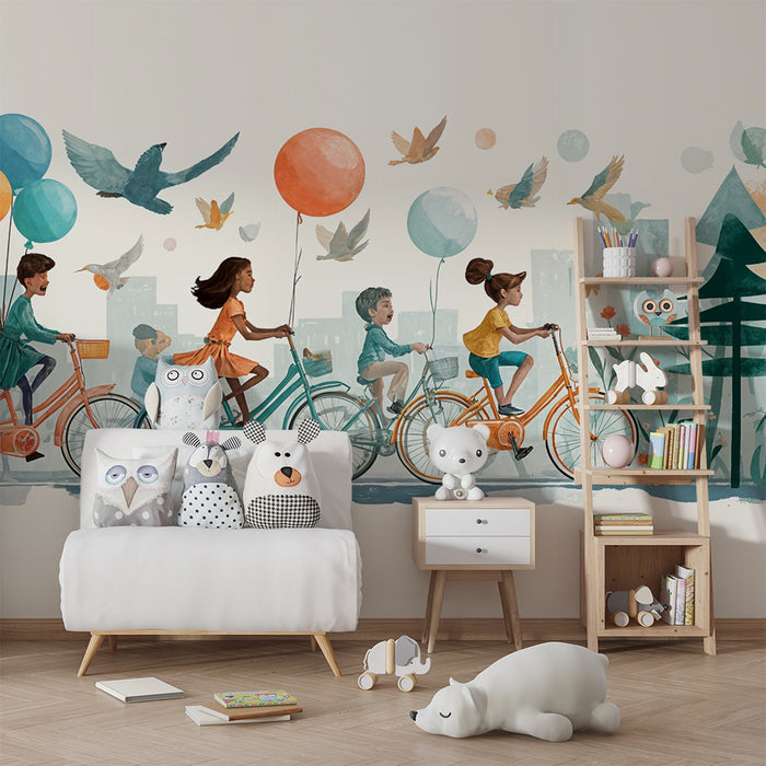 Papier peint balade à vélo | Enfants et ballons colorés