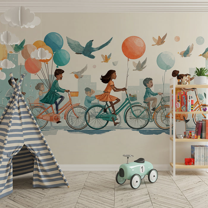 Papier peint balade à vélo | Enfants et ballons colorés