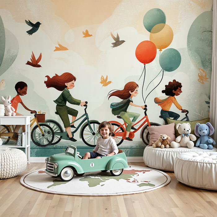 Kinderkamer behang met fietsen | Speelse en kleurrijke illustratie