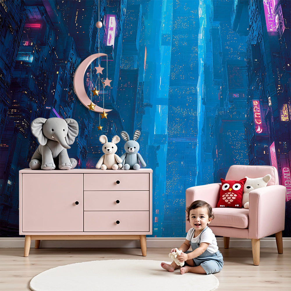 Kinderzimmer Tapete | Beleuchtete futuristische Stadt — Kids Wall, image size:1000x1000
