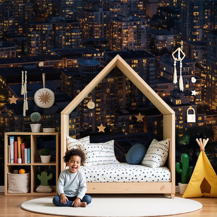 Χαρτί τοίχου παιδικού δωματίου | Φωτισμένη πόλη τη νύχτα