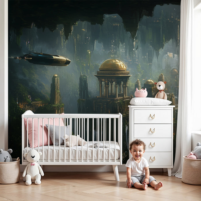 Lastenhuoneen tapetti | Futuristinen kaupunki ja mahtavat vesiputoukset