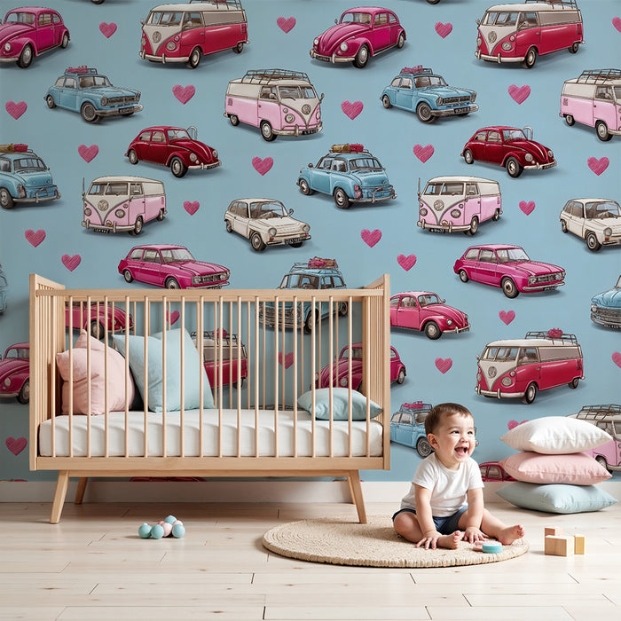 Lastenhuoneen tapetti | Retroautot ja värikkäät sydämet