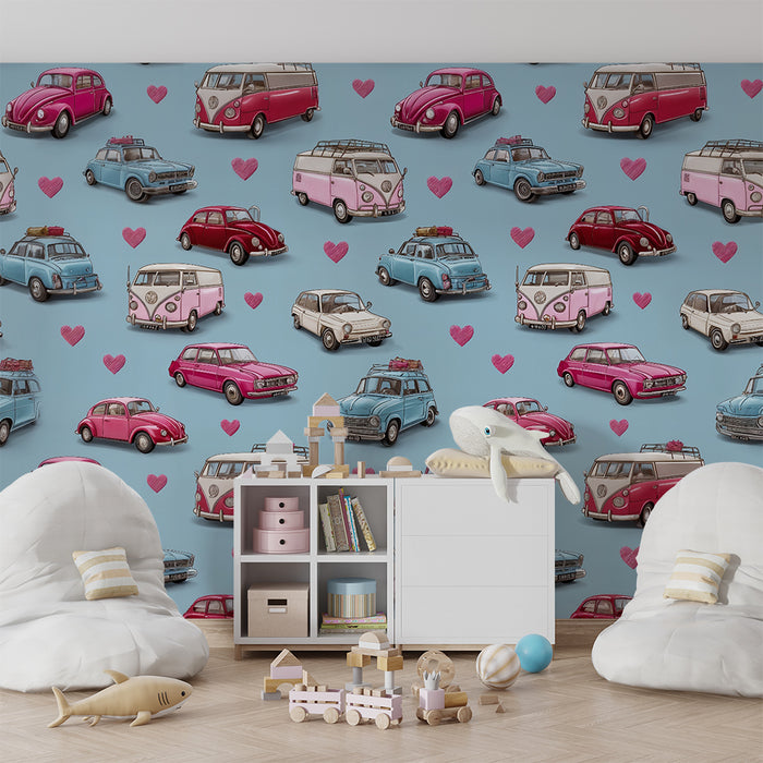 Lastenhuoneen tapetti | Retroautot ja värikkäät sydämet