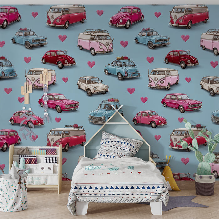Lastenhuoneen tapetti | Retroautot ja värikkäät sydämet