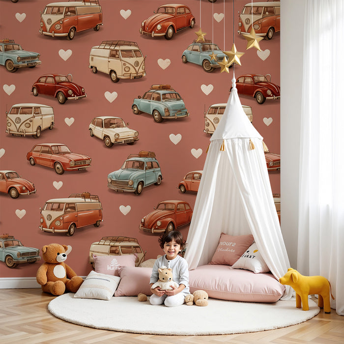 Papier peint chambre enfant | Voitures rétro et cœurs