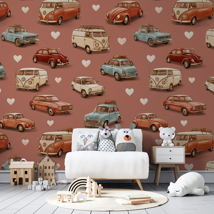 Papier peint chambre enfant | Voitures rétro et cœurs