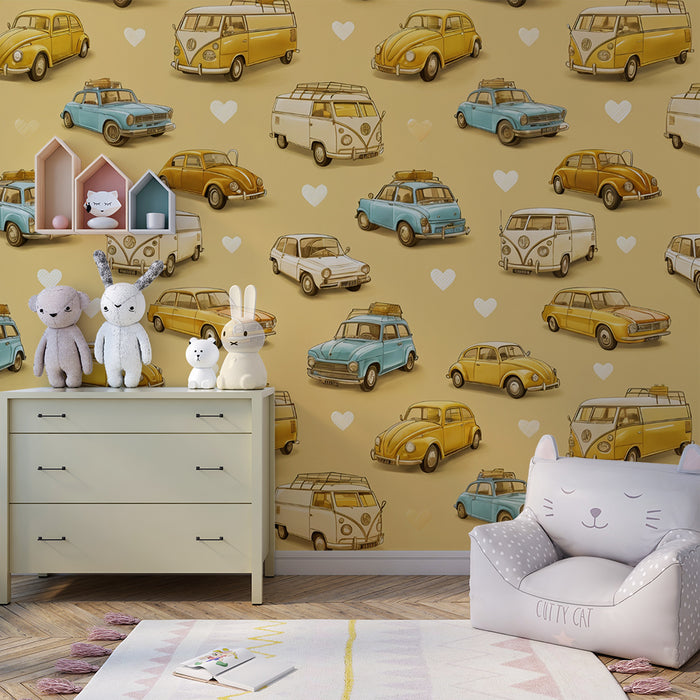 Papier peint chambre enfant | Voitures rétro jaunes et cœurs