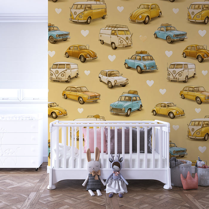 Papier peint chambre enfant | Voitures rétro jaunes et cœurs
