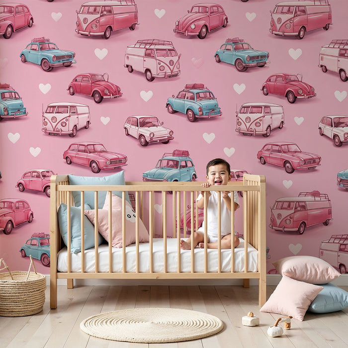 Papier peint chambre enfant | Voitures vintage et cœurs roses