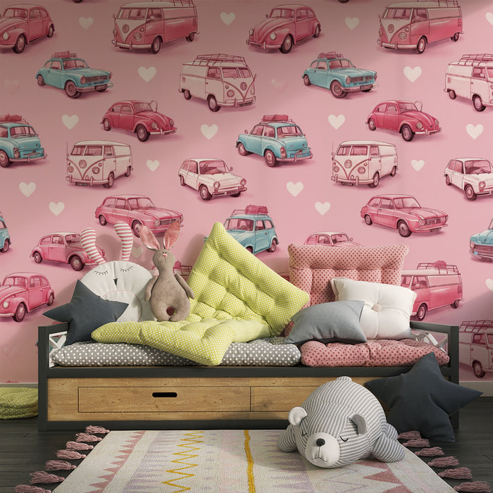 Papier peint chambre enfant | Voitures vintage et cœurs roses