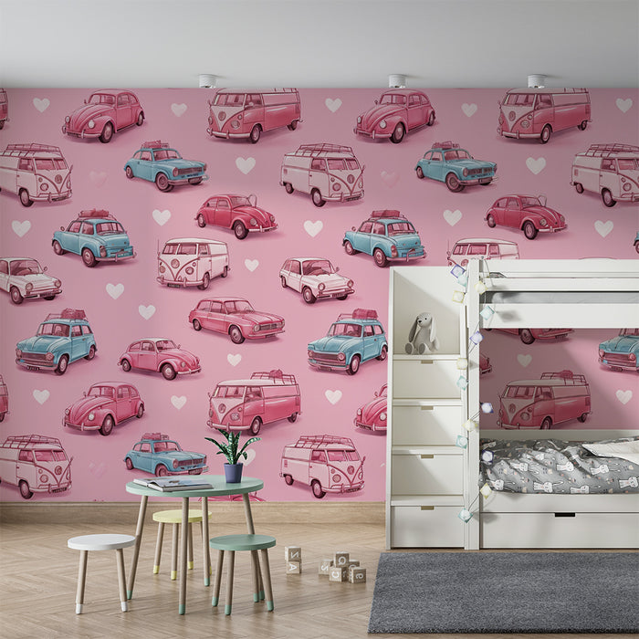 Papier peint chambre enfant | Voitures vintage et cœurs roses