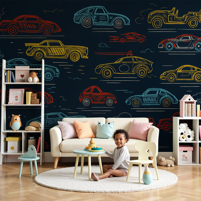 Χαρτί τοίχου με πολύχρωμα αυτοκίνητα | Ρετρό σχέδιο σε μαύρο φόντο