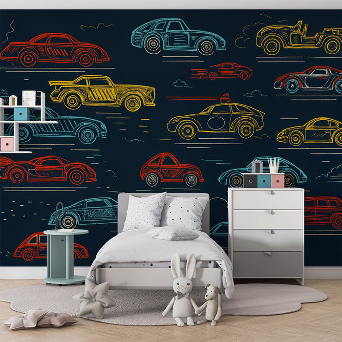 Χαρτί τοίχου με πολύχρωμα αυτοκίνητα | Ρετρό σχέδιο σε μαύρο φόντο