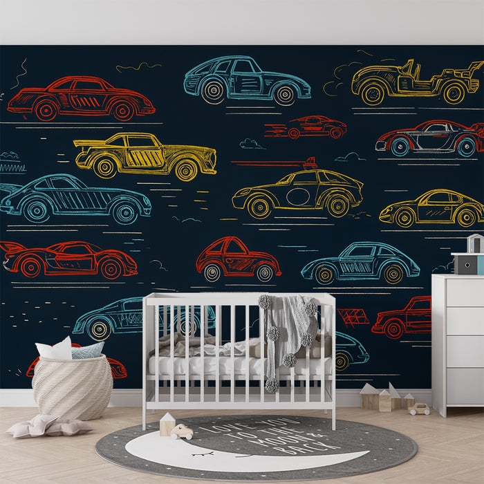 Χαρτί τοίχου με πολύχρωμα αυτοκίνητα | Ρετρό σχέδιο σε μαύρο φόντο