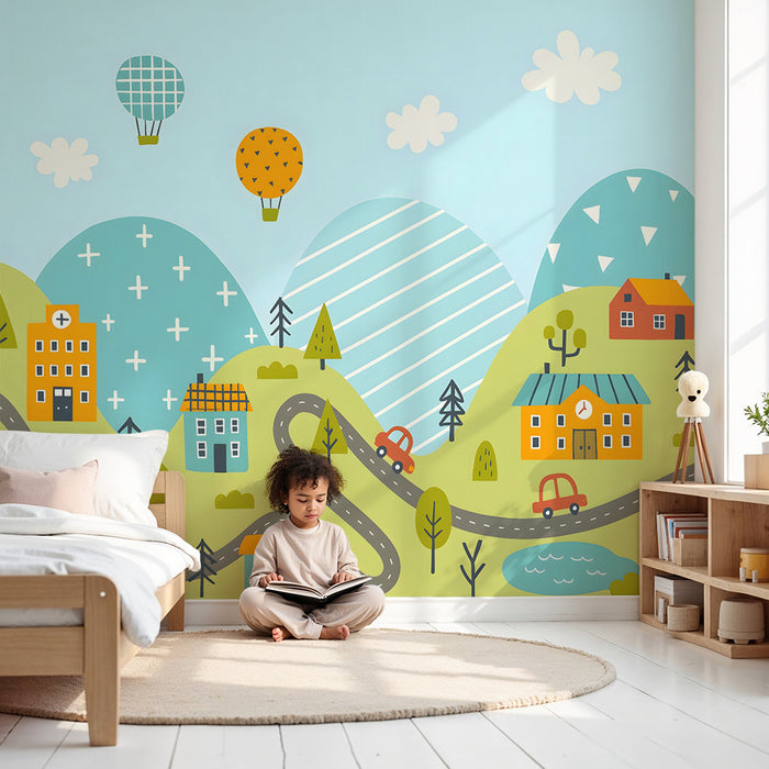Papel pintado infantil | Paisaje lúdico y vehículos