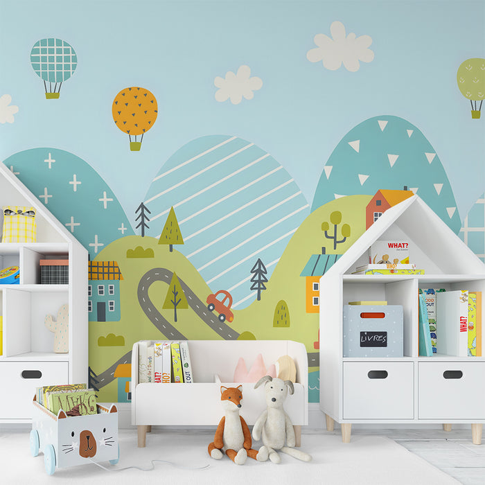 Papel pintado infantil | Paisaje lúdico y vehículos
