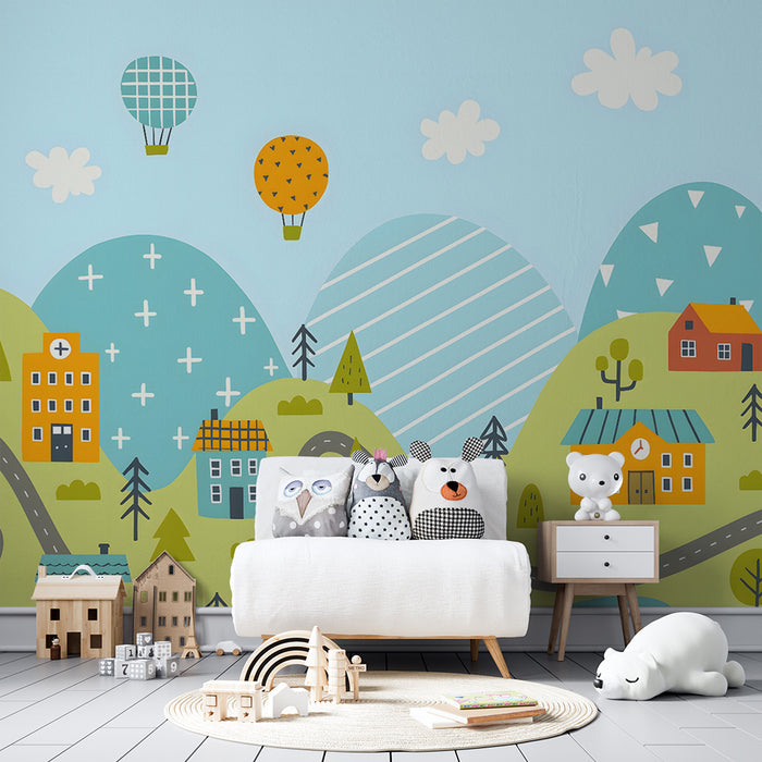 Papel pintado infantil | Paisaje lúdico y vehículos