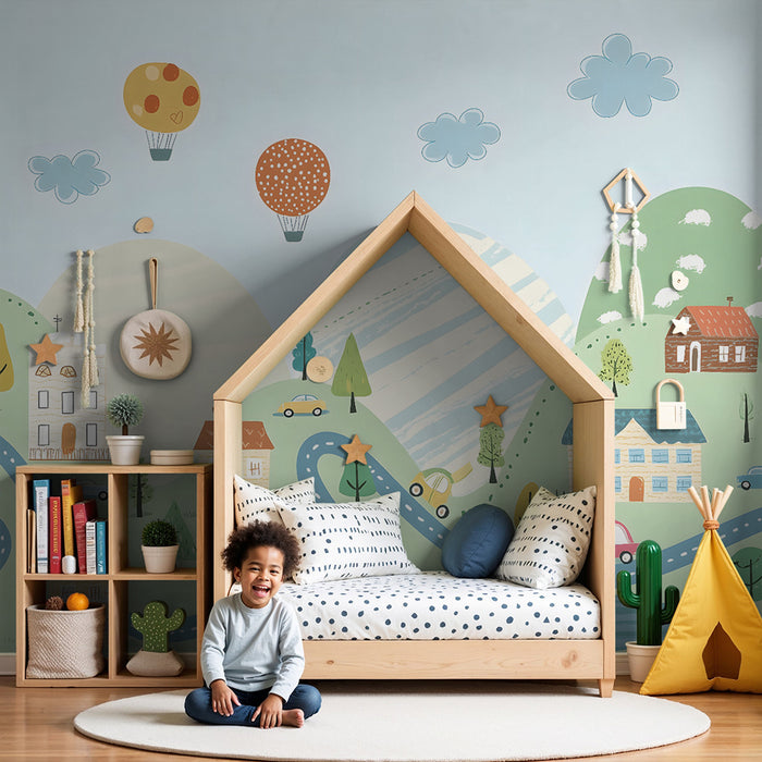 Papel pintado infantil | Aventura en globo aerostático y campo