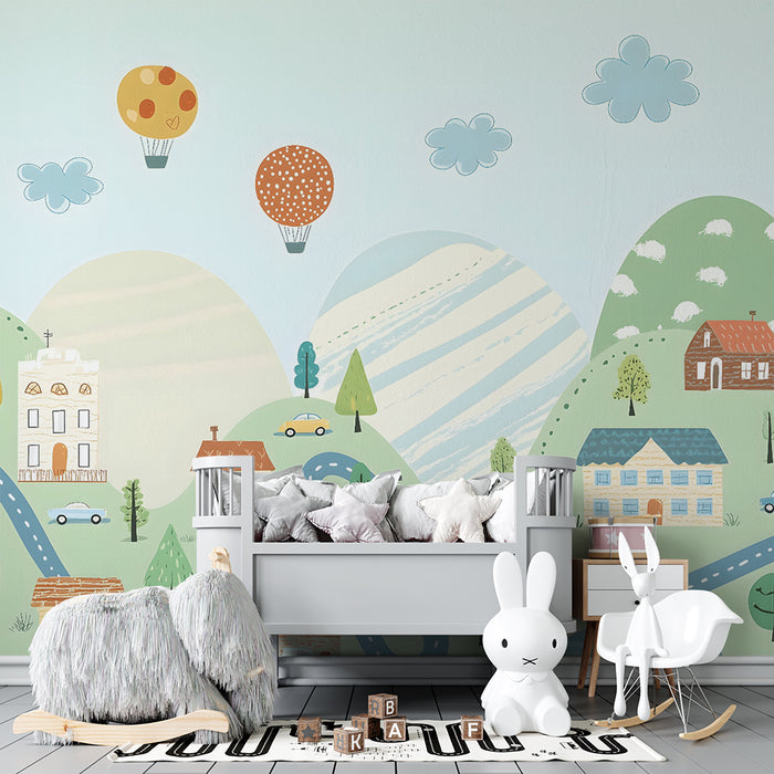 Papel pintado infantil | Aventura en globo aerostático y campo