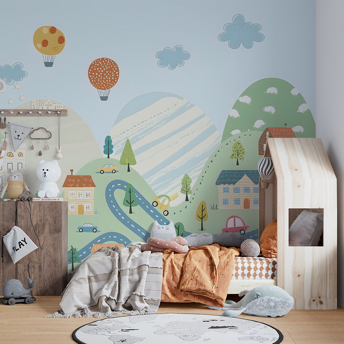 Papel pintado infantil | Aventura en globo aerostático y campo