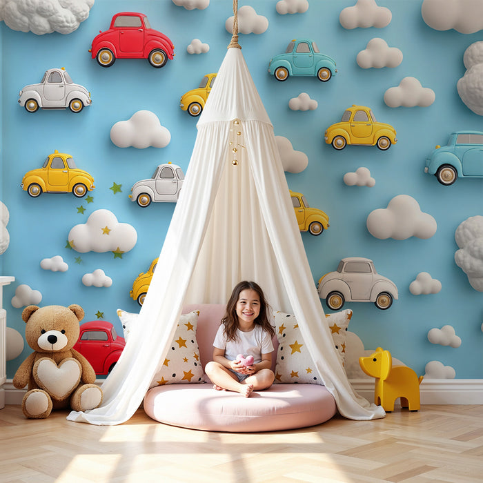 Papier peint voitures et nuages | Conception ludique pour chambre d'enfant