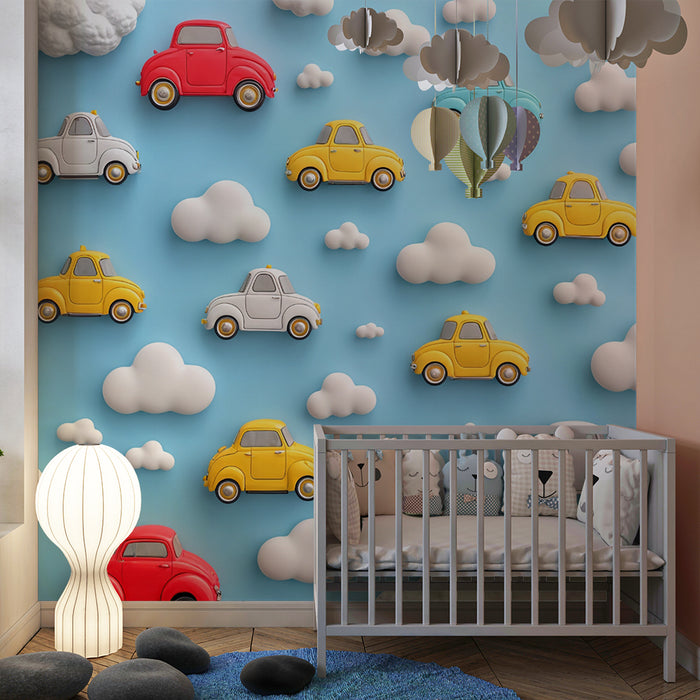 Papier peint voitures et nuages | Conception ludique pour chambre d'enfant