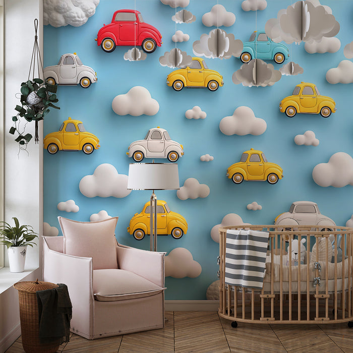 Papier peint voitures et nuages | Conception ludique pour chambre d'enfant