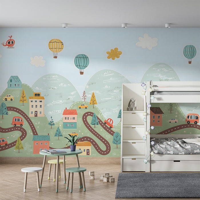 Kinderzimmer Tapete | Malerisches Dorf und bunte Heißluftballons