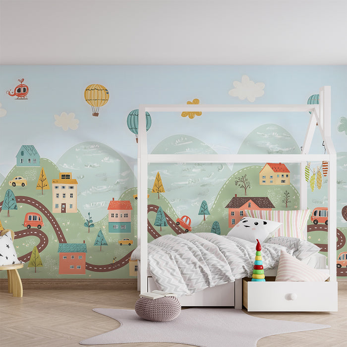 Kinderzimmer Tapete | Malerisches Dorf und bunte Heißluftballons