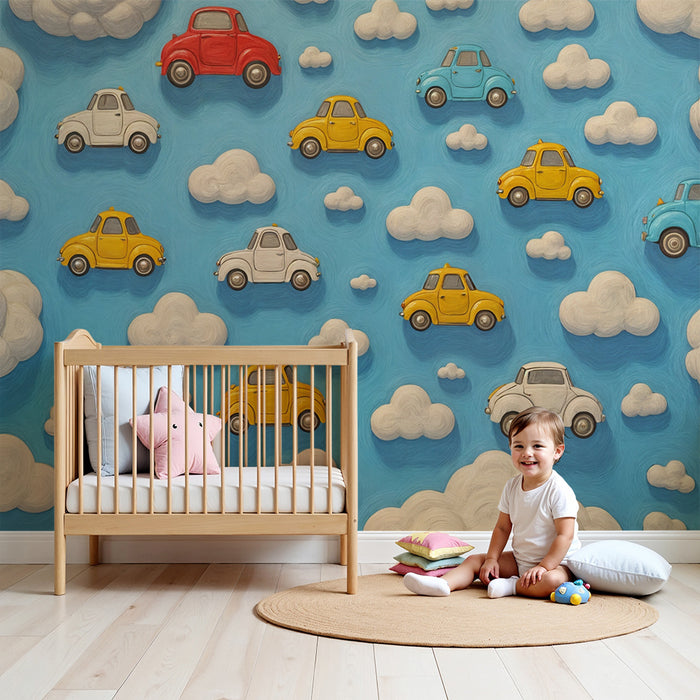 Børneværelse tapet Flyvende Biler | Blå Himmel og Skyer