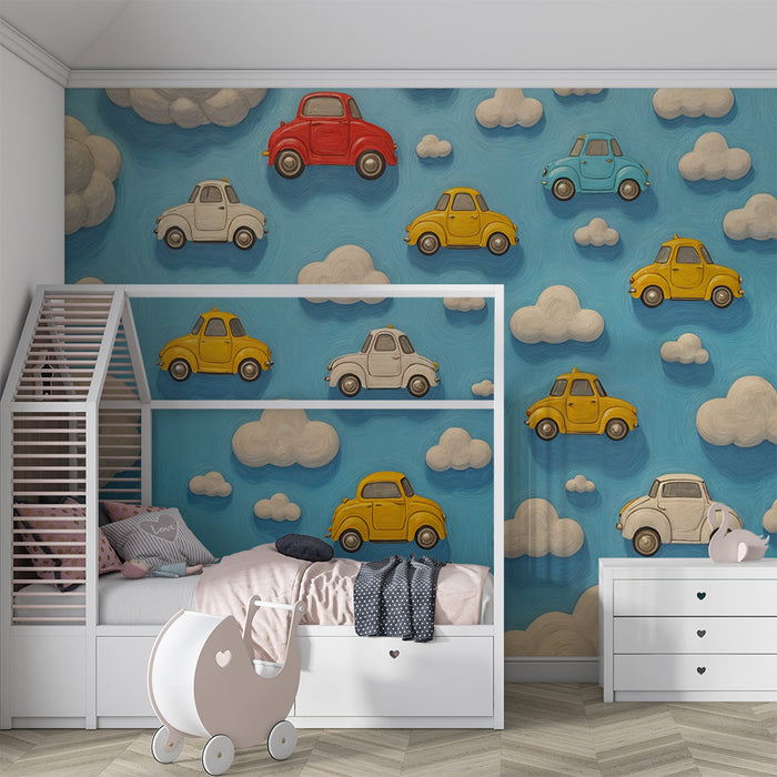 Børneværelse tapet Flyvende Biler | Blå Himmel og Skyer