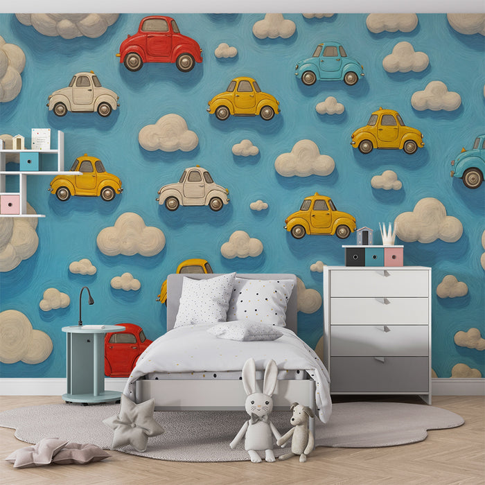 Børneværelse tapet Flyvende Biler | Blå Himmel og Skyer